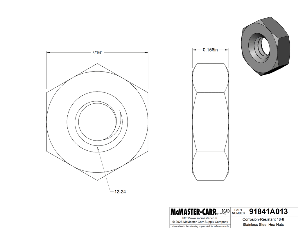 Technical Drawing of Corrosion-Resistant 18-8 Stainless Steel Hex Nuts, 12-24 Thread Size.
